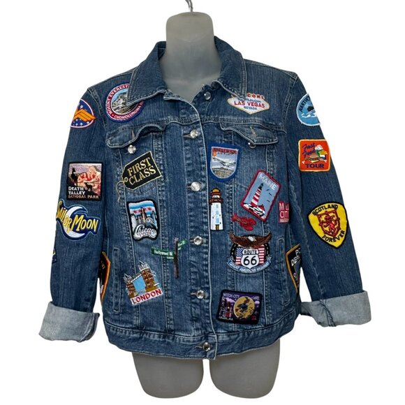 Denim Jacket Patches Route 66 Queen Band Travel USA Rock Boho Trucker Sz L - Picture 1 of 16